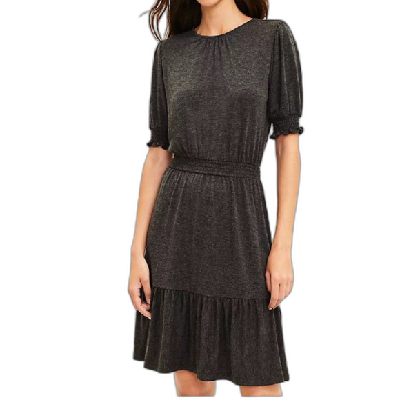 LOFT Dress, XS, Charcoal Gray Heathered Knit, Smocked Flounce, Short sleeves - Picture 15 of 15